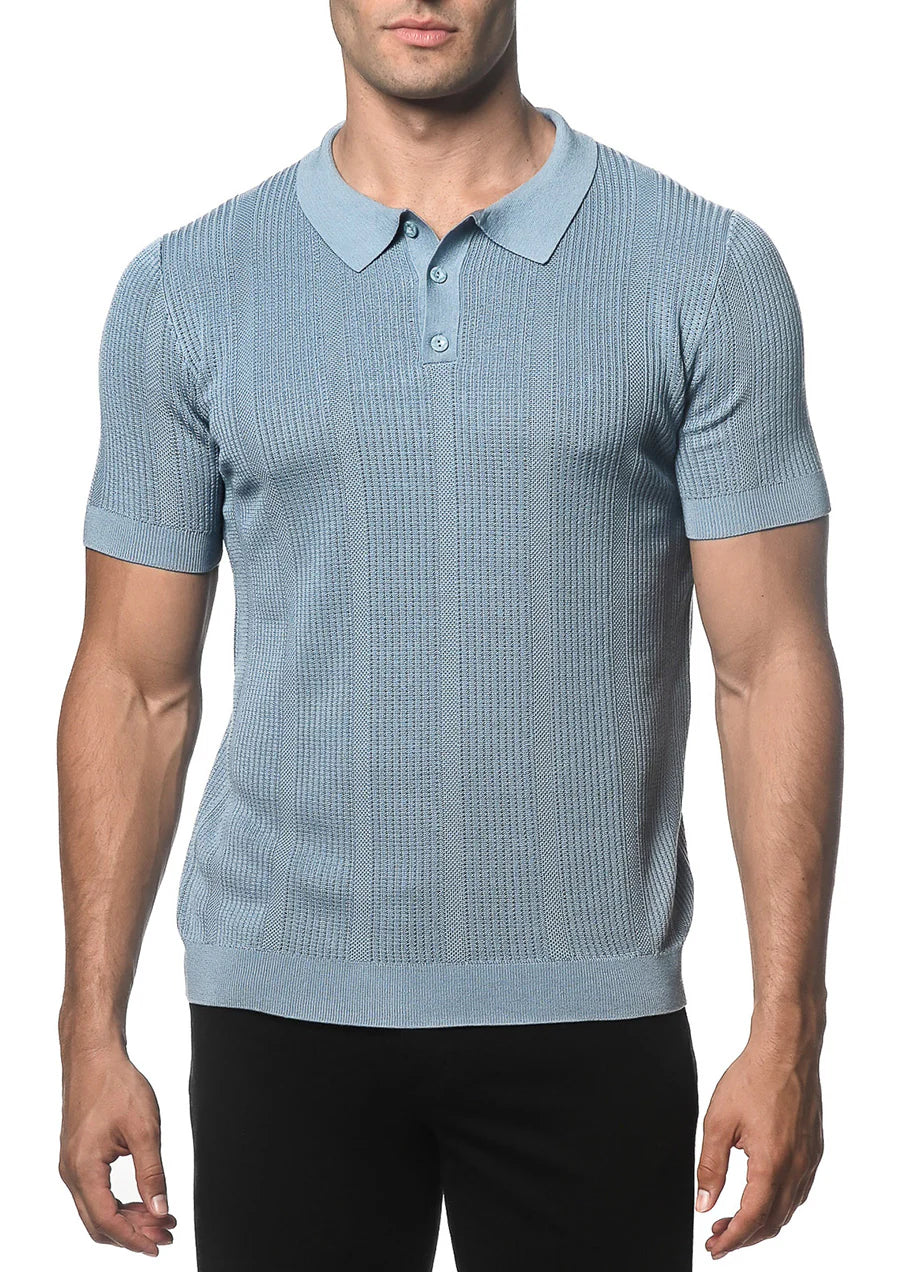 Postmarc Silk/Tencel Textured Knitted 3 Button Polo Shirt - Slate