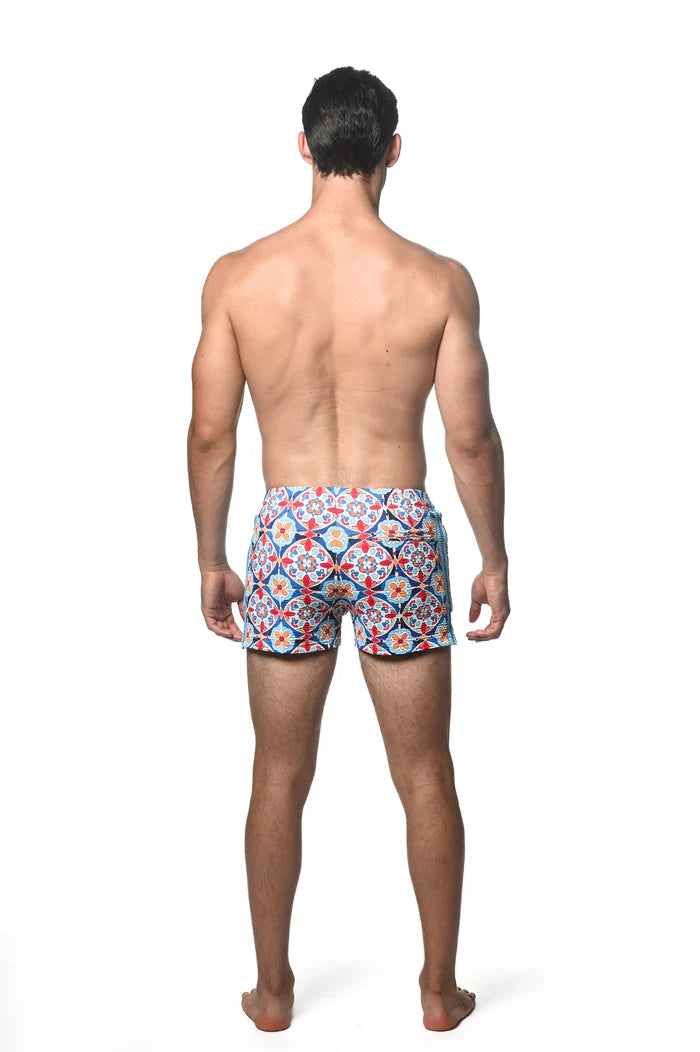 Postmarc Blue & Gold Floral Tiles Printed Seersucker Swim Short w/ Liner