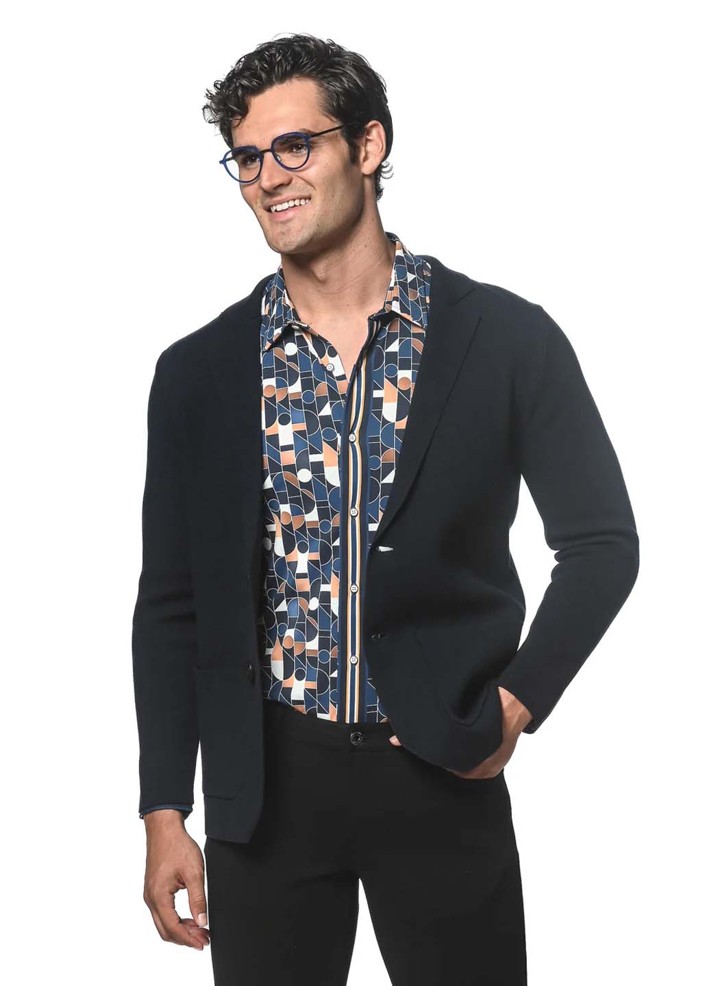Postmarc Single Breasted Cotton Deconstructed Knitted Blazer - Navy