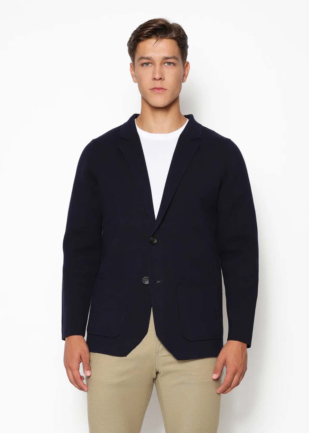 Postmarc Single Breasted Cotton Deconstructed Knitted Blazer - Navy