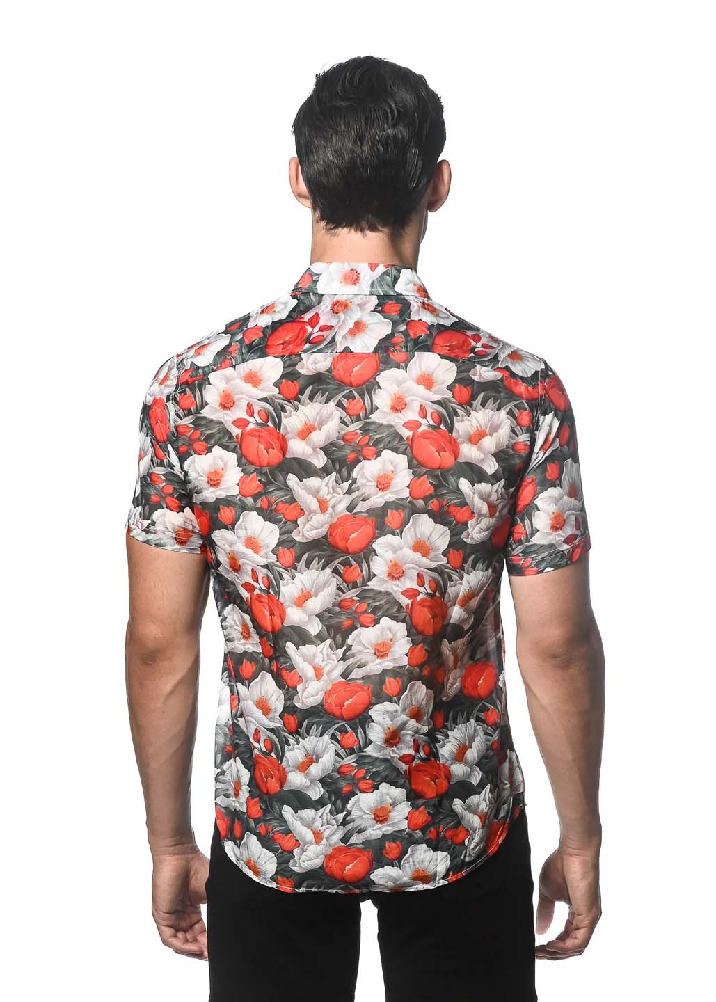 Postmarc Cotton Silk Short-Sleeve Woven Shirt - Moody Red & Grey Floral Print