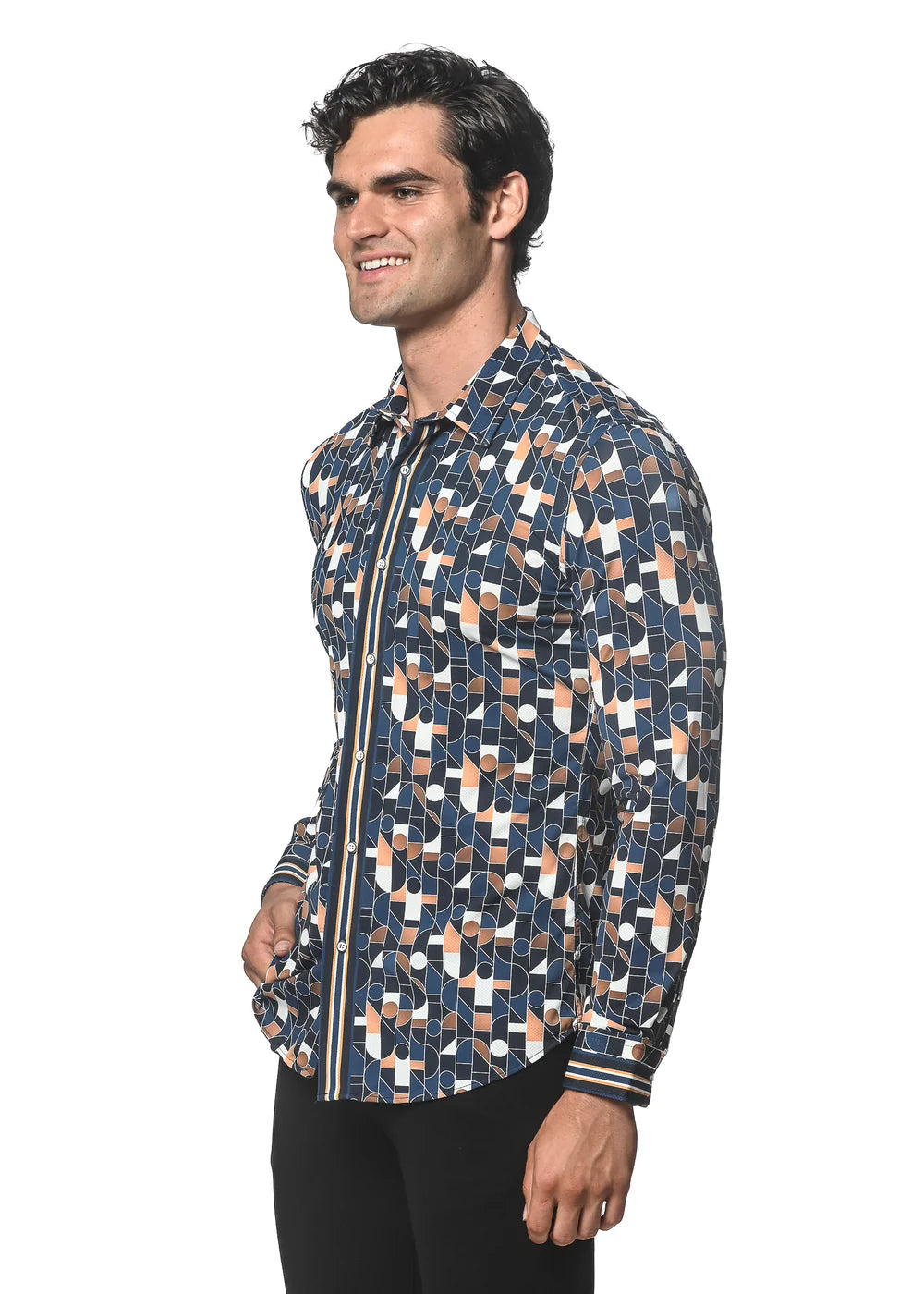 Postmarc Performance Long-Sleeve Shirt - Navy Swirls Print