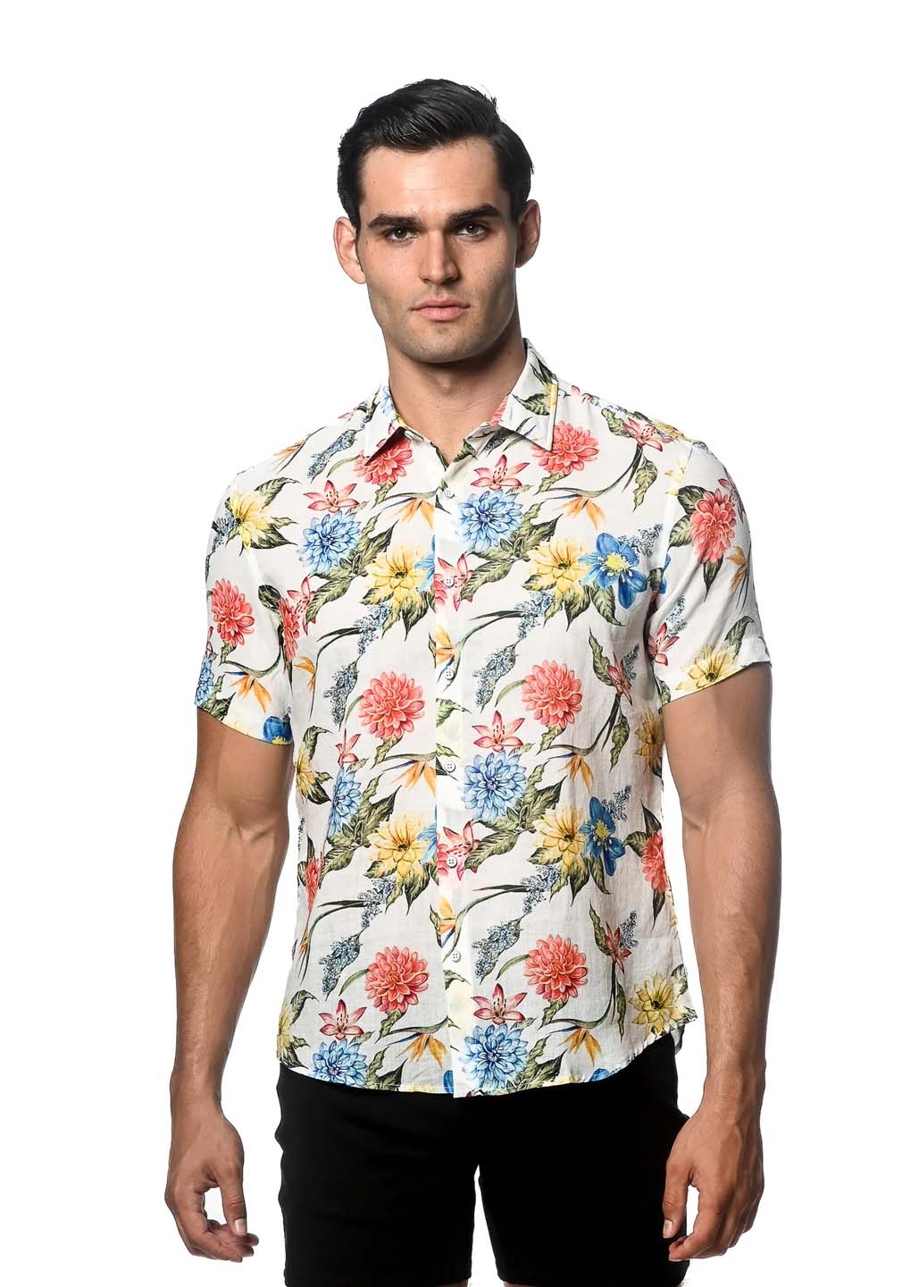 Postmarc Linen Tencel Short-Sleeve Woven Shirt - Cream Floral Print