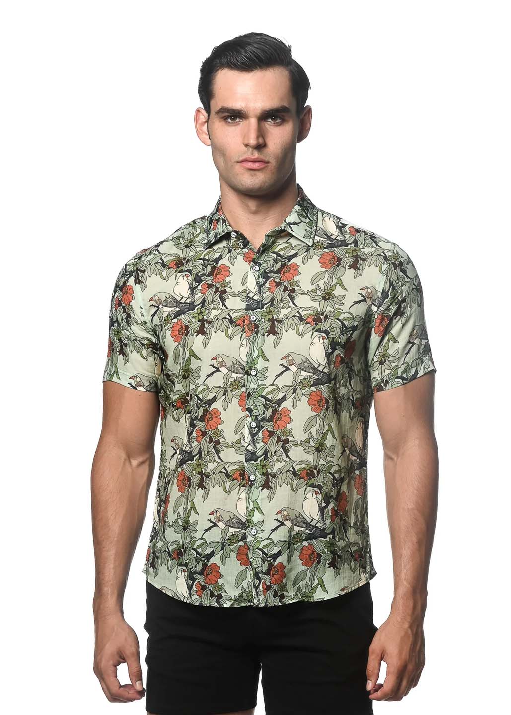 Postmarc Linen Tencel Short-Sleeve Woven Shirt - Jade Floral Print