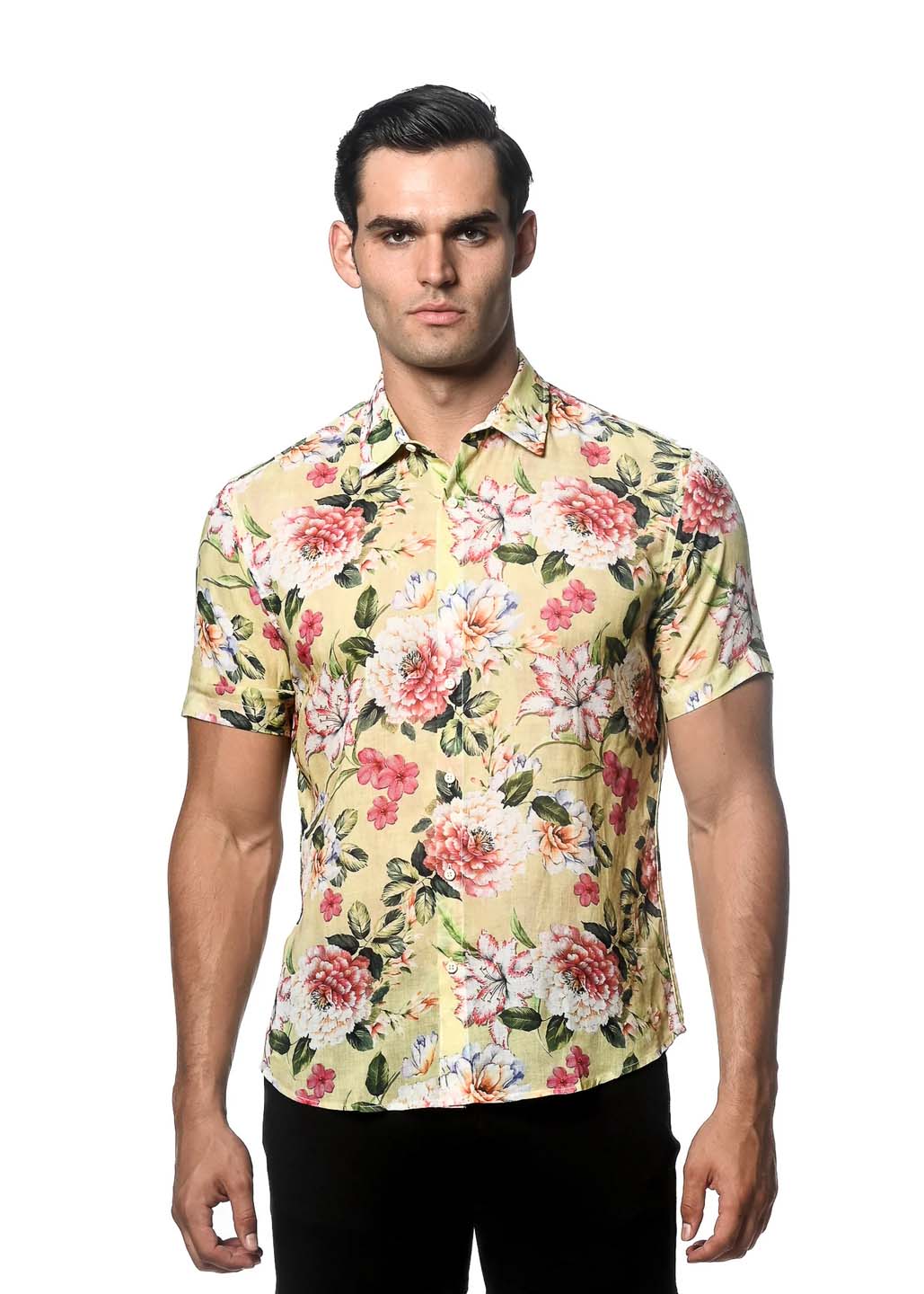 Postmarc Linen Tencel Short-Sleeve Woven Shirt - Soft Yellow Floral Print
