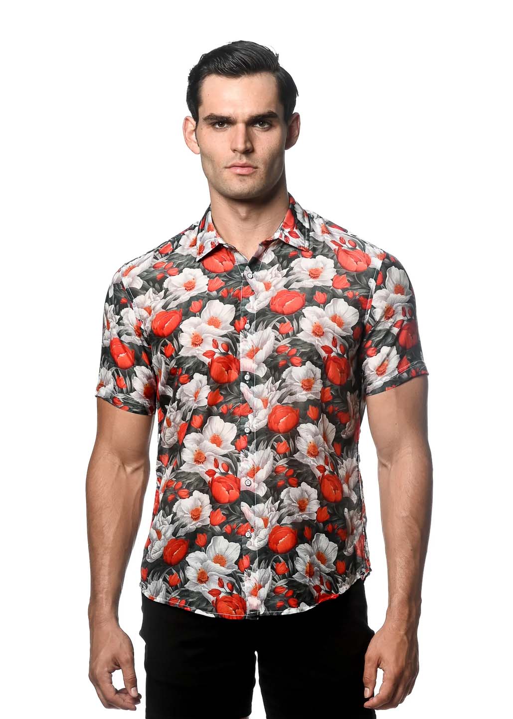 Postmarc Cotton Silk Short-Sleeve Woven Shirt - Moody Red & Grey Floral Print